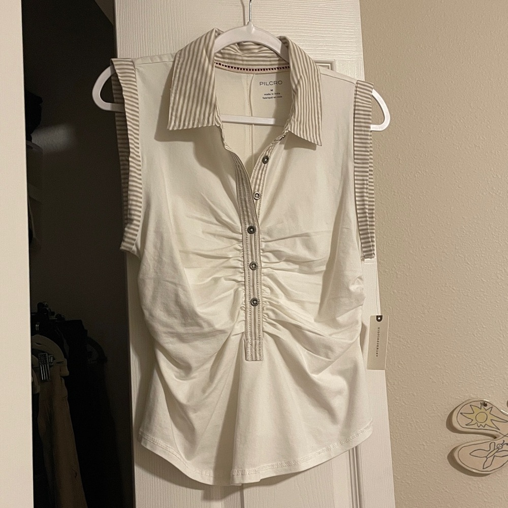 Anthropologie Women's Cream and Tan Striped Blouse